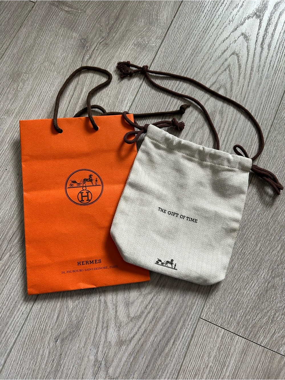 Hermes Cream and Brown Drawstring Pouch
